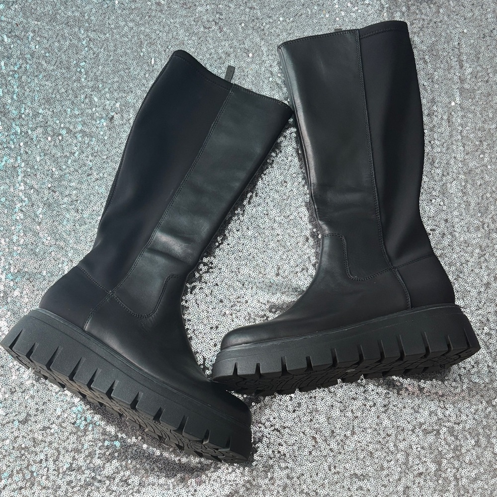 JSlides Leather Black Chunky Platform Knee-High Boots Size 8 M
